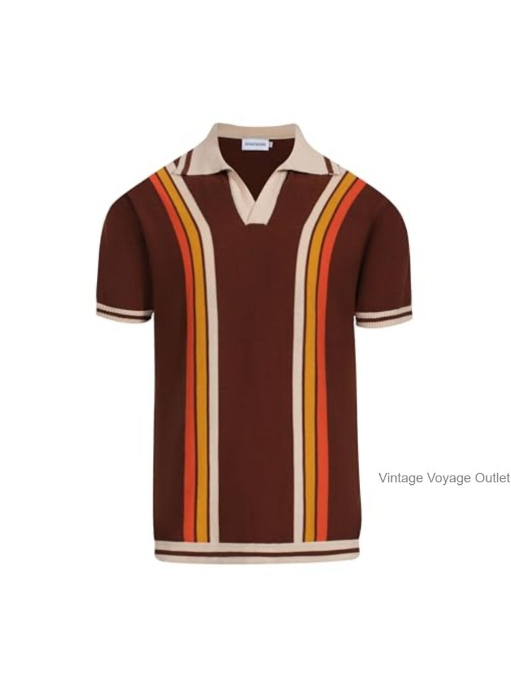 Mens Retro Striped Knit Polo V-Neck Short Sleeve Casual Shirt